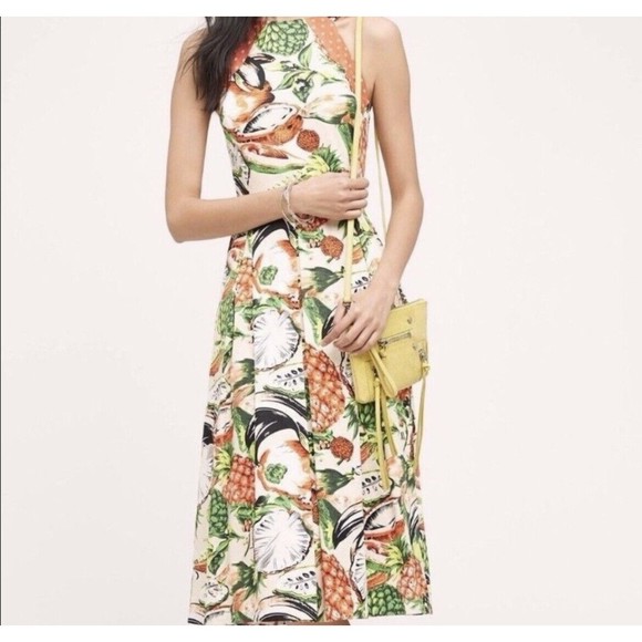 Eva Franco Mandy Dress Sz. 4 Pineapple Halter Cut Out Pleated Sleeveless Lined - Picture 1 of 16